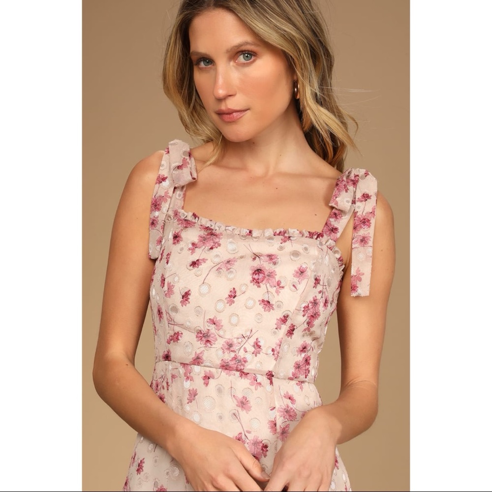 NWOT Lulus Terrace Views Taupe Floral Print Tiered Midi Dress XSMALL - Picture 2 of 15